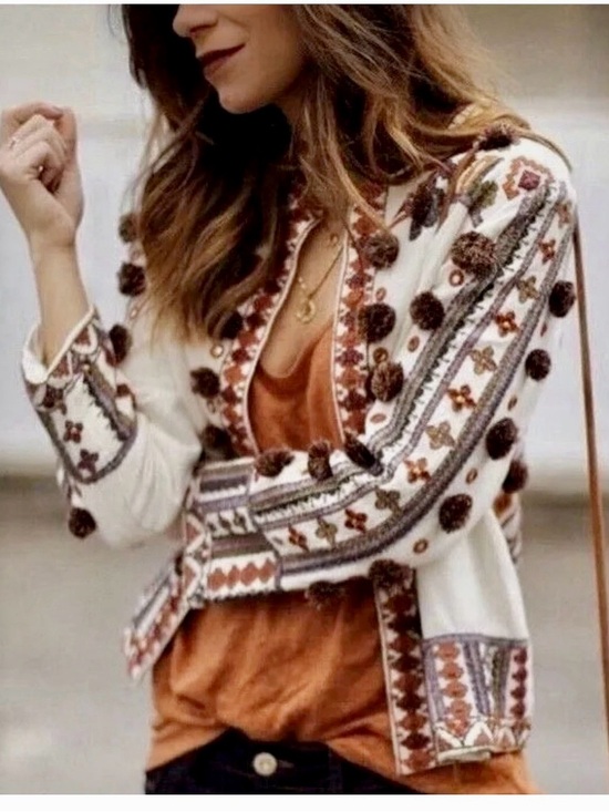 Zara Jackets & Blazers - Zara  Embroidered Ecru Jacket/Blazer with Brown Pom-Poms